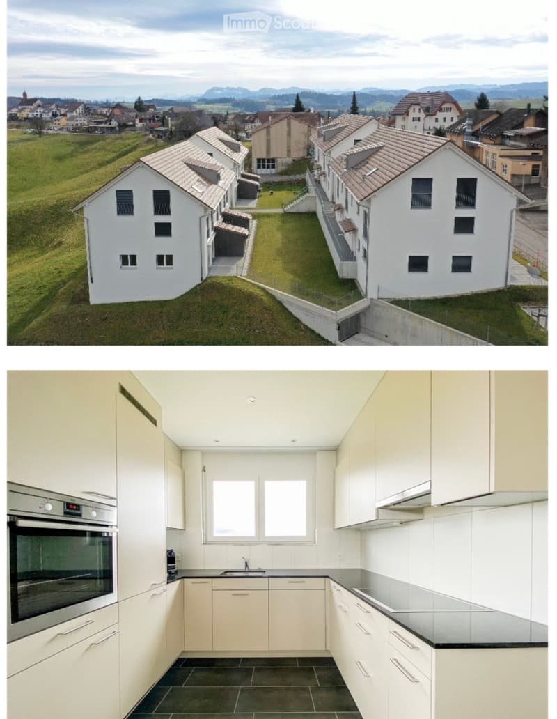 Aerial view of a residential complex with multiple houses and a green lawn, surrounded by a rural landscape with mountains in the background. The second image shows a modern, well-lit kitchen with white cabinets, stainless steel appliances, and a black co