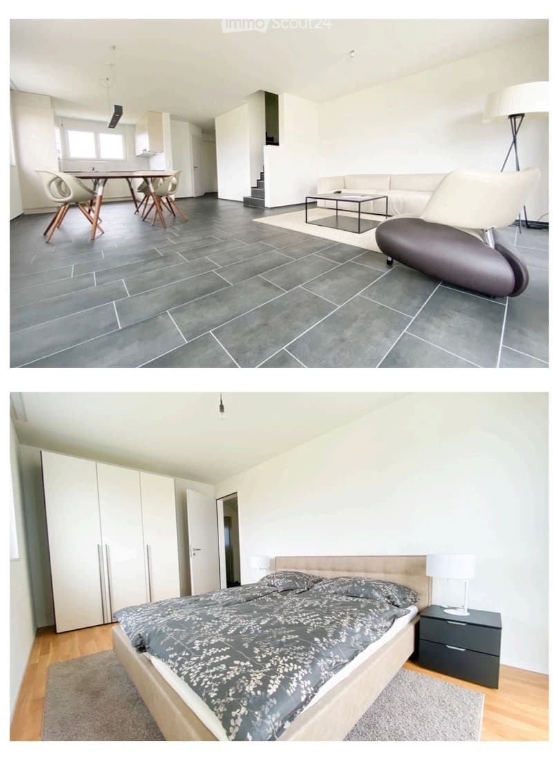 The top image shows a modern living room with a grey sofa, coffee table, and dining area with chairs and a table. The bottom image shows a bedroom with a large bed, nightstand, lamp, and wardrobe.