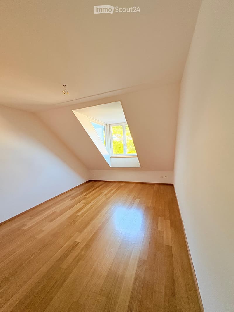 Empty room with wooden flooring and a skylight window, featuring white walls and a sloped ceiling.