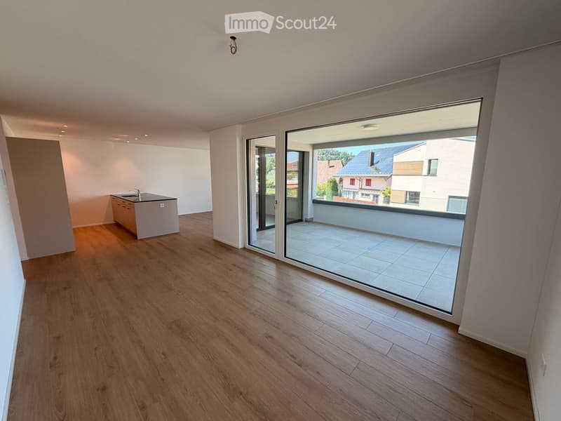 Bright, unfurnished room with wooden flooring, a small kitchen area with a sink and cabinet, and large glass doors leading to a balcony.