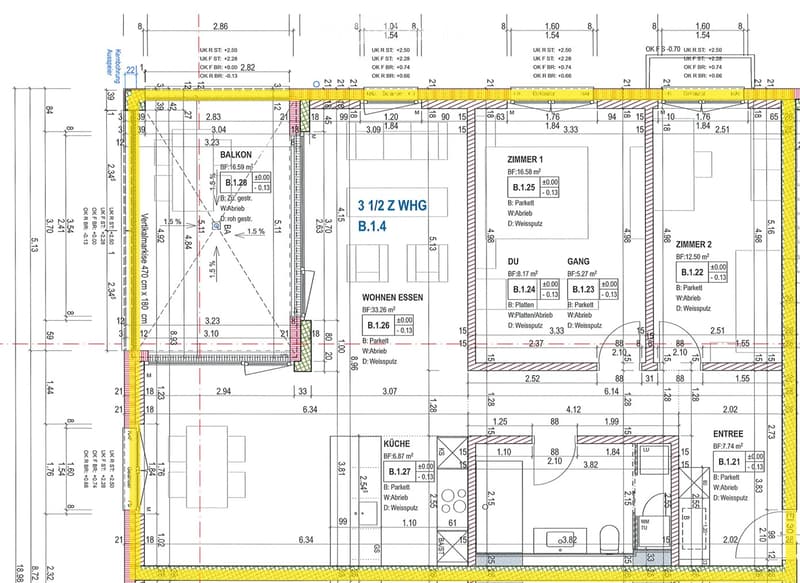 Floor plan of an apartment showing a living/dining area, kitchen, two bedrooms, a hallway, and a balcony.