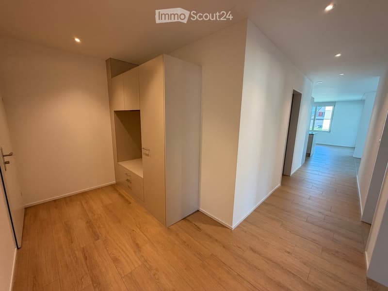 Empty hallway with light wooden flooring, white walls, built-in storage unit, and recessed lighting.