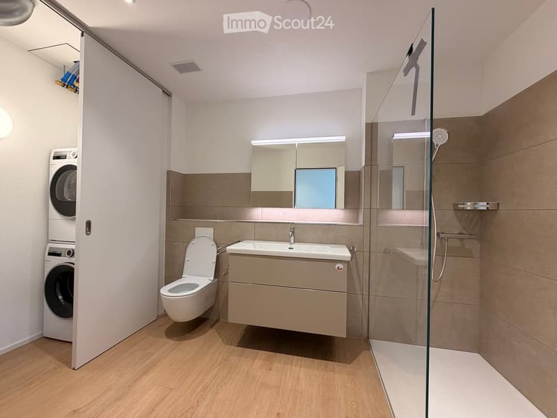 Modern bathroom with a toilet, sink, mirror, glass-enclosed shower, and a private washing machine in the corner.