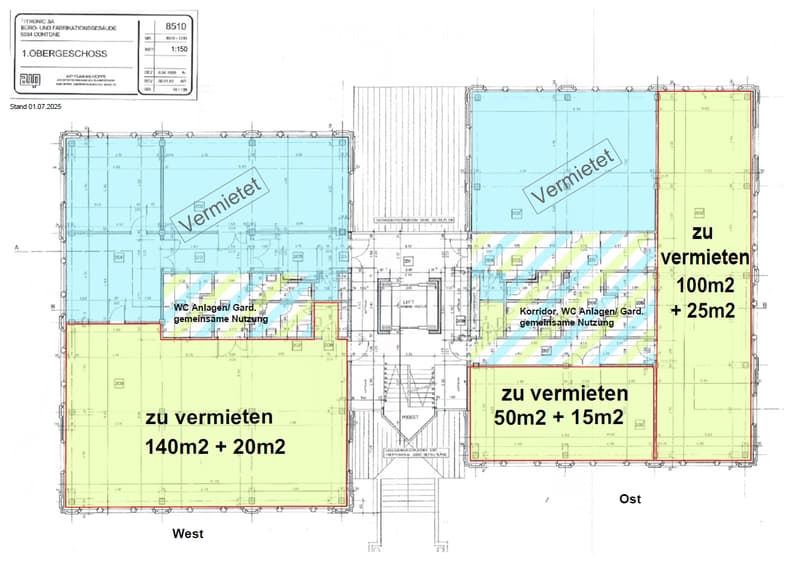 Floor plan of the first floor showing multiple rooms, corridors, and shared facilities. Areas marked for rental include 140m2 + 20m2, 100m2 + 25m2, and 50m2 + 15m2. Shared facilities include WC, garden, and corridor.