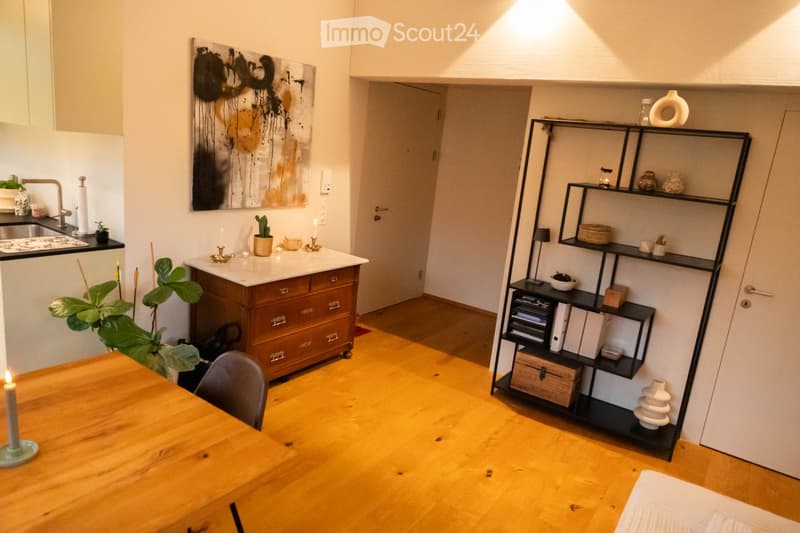 A modern, open-plan living and dining area with wooden flooring, a large wooden dining table, a black shelving unit, a sink, and a decorative art piece on the wall.