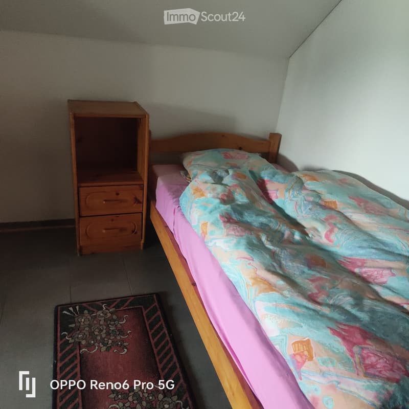 A small bedroom with a single wooden bed, a nightstand, and a patterned rug on the floor.