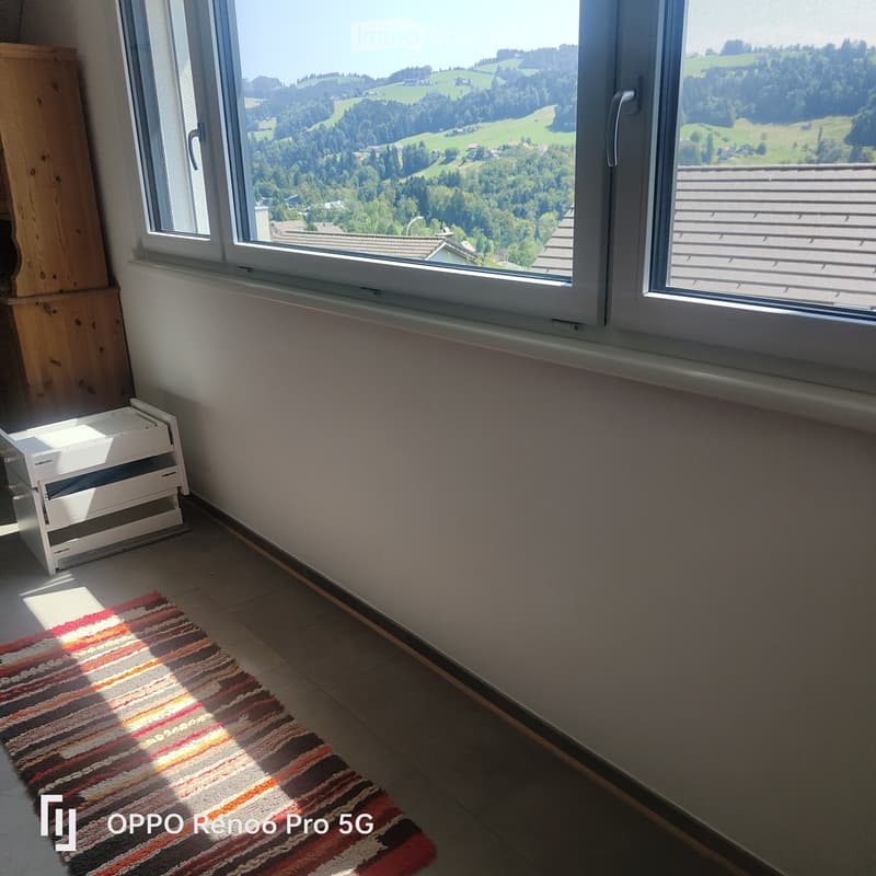 Empty room with tiled floor, large window offering scenic view, radiator, and a small white cabinet.