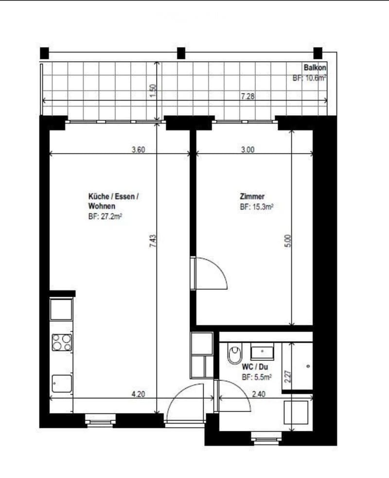 Floor plan of a 2-room apartment with a combined kitchen/dining/living area, a bedroom, and a bathroom.