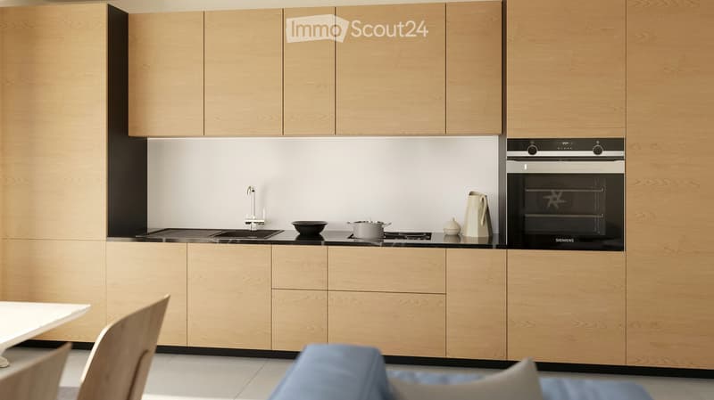 Modern kitchen with light wood cabinets, stainless steel appliances, and a black countertop. Includes a sink, faucet, oven, pot, bowl, cup, and a chair.