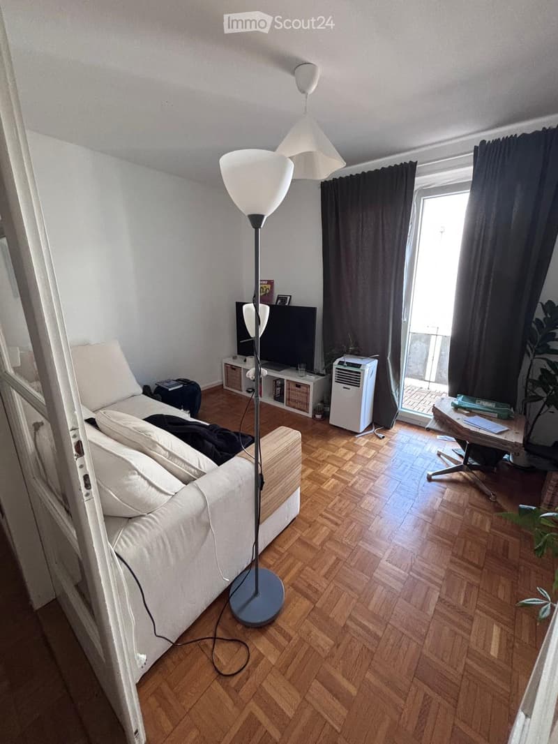 Living room with wooden herringbone flooring, white sofa, coffee table, TV, floor lamp, air conditioner, and a plant near the window.