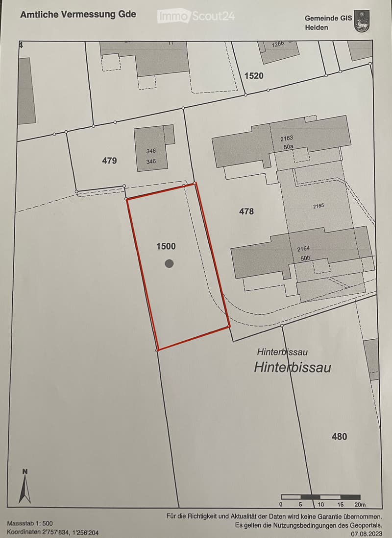 Official land survey map showing property boundaries and plot numbers in Heiden, with a highlighted plot marked1500.