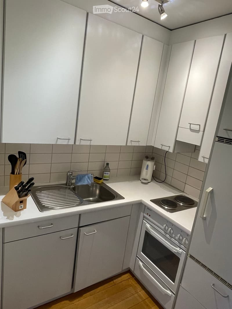 Modern kitchen with white cabinets, stainless steel sink, electric stove, and various appliances.