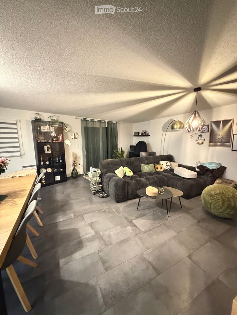 Modern living room with grey sectional sofa, coffee table, dining table, chairs, shelf, floor lamp, and decorative items.
