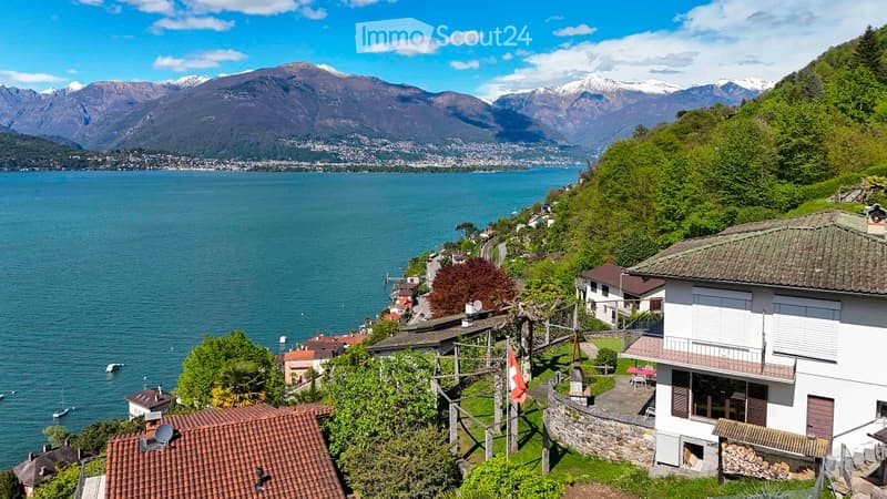 Scenic lakeside view with mountains in the background, houses, and a flag on a wooden post.