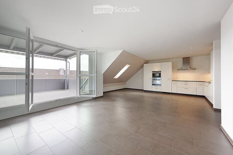 Open-plan space with a modern kitchen area featuring white cabinets, an oven, and a range hood, connected to a spacious balcony with large glass doors and a skylight.