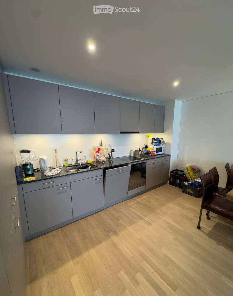 Modern kitchen with grey cabinets, wooden flooring, and various appliances including a sink, microwave, oven, and dishwasher. A blender is on the counter, and a chair is visible in the corner.
