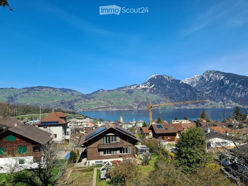 Overview of a small town with traditional houses, solar panels, and a lake surrounded by mountains under a clear blue sky.
