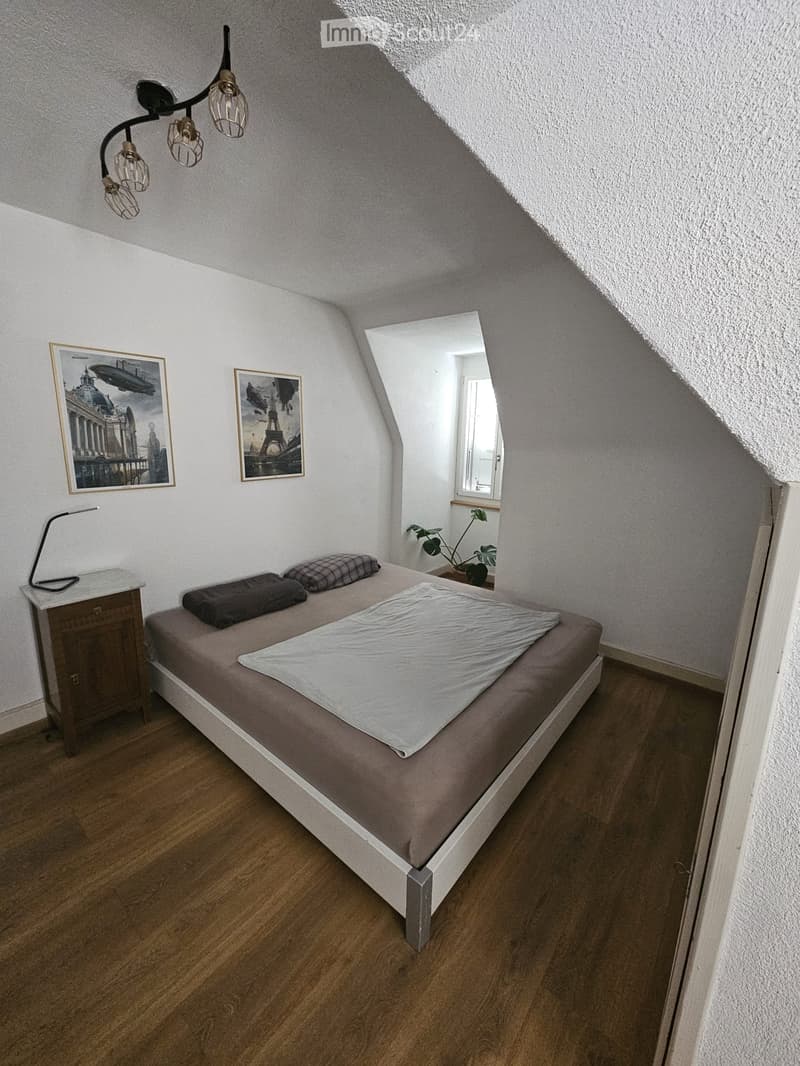 Cozy attic bedroom with wooden flooring, a single bed with pillows and a blanket, a nightstand with a lamp, and two picture frames on the wall. A small plant sits near the window.