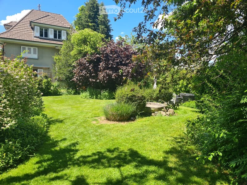 Well-maintained garden with a green lawn, surrounded by trees and shrubs, with a stone bench and a small table in the background.