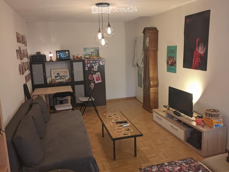 A cozy living room with a sofa, coffee table, TV, and a small table with chairs. The room features wooden flooring, a large clock, and various decorations including posters and artwork.