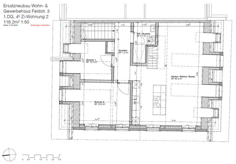 Floor plan of a residential unit showing two bedrooms, a kitchen/dining area, a corridor, and a bathroom with WC and shower. Dimensions and room labels are provided.