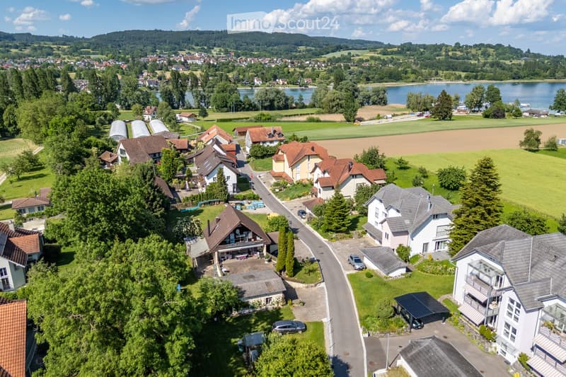 Aerial view of a residential area with houses, green lawns, trees, and a nearby lake.