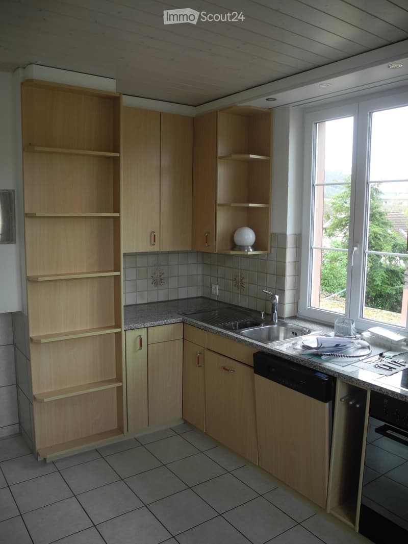 Modern kitchen with light wooden cabinets, granite countertop, stainless steel sink, and built-in dishwasher. The space features tiled walls and a window offering a view of greenery.