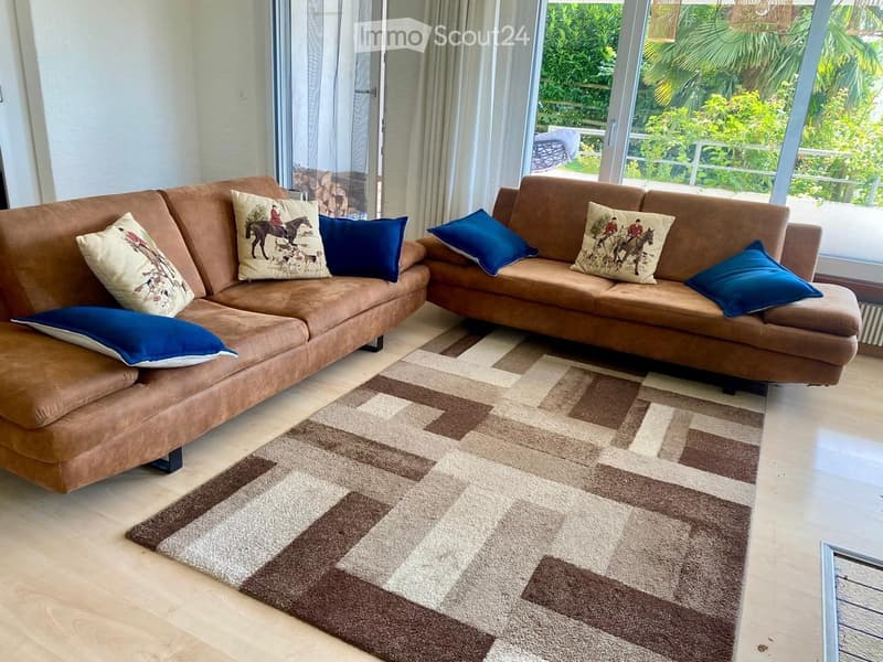 Living room with a brown sectional sofa, decorative pillows, and a patterned rug on a wooden floor, with large windows and a view of greenery.