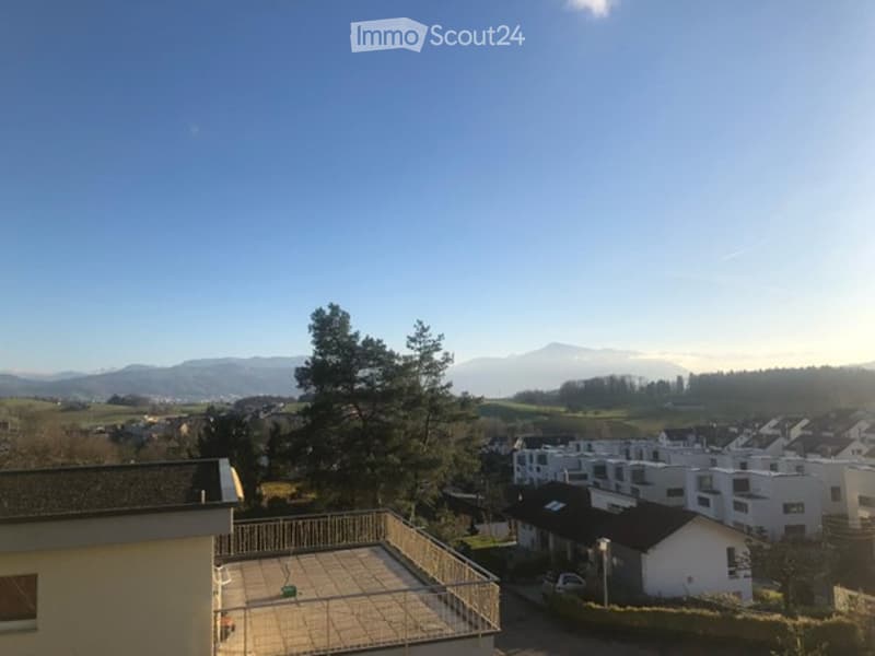 Balcony with a view of a suburban area, distant mountains, and trees.