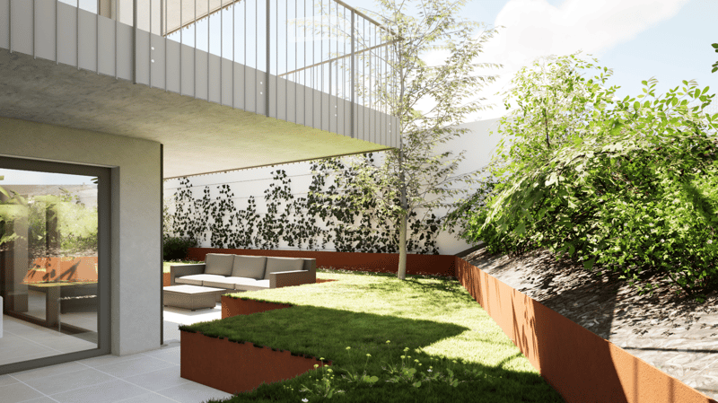 Modern outdoor patio with a raised garden bed, a small seating area featuring a sofa and coffee table, surrounded by greenery and a sleek, contemporary building.