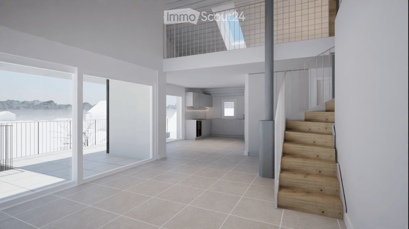 Open-plan ground floor layout with a staircase leading to an upper level, a kitchen area, large windows, and a balcony visible in the background.