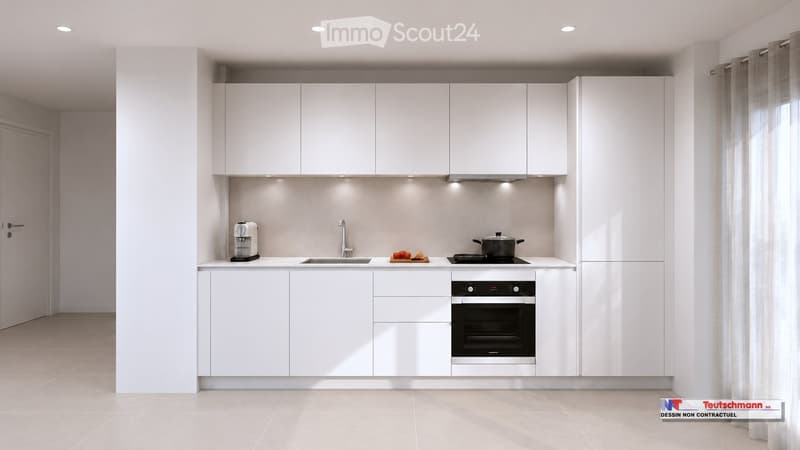 Modern kitchen with white cabinets, stainless steel appliances, and a clean, minimalist design. Features include a coffee maker, sink, oven, and countertop items.