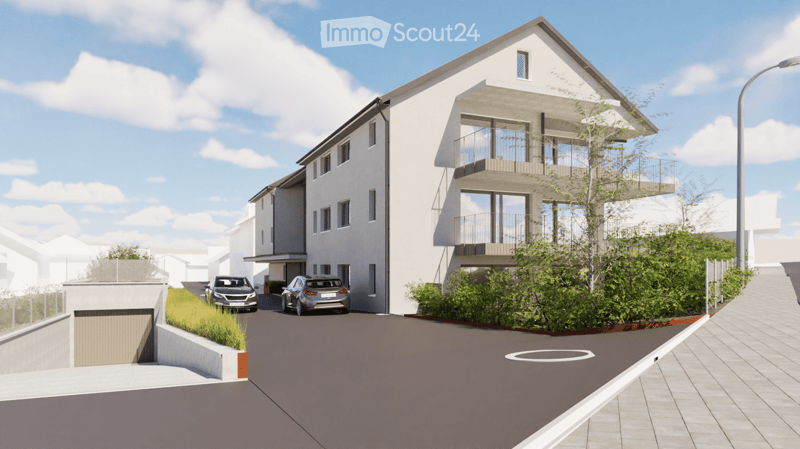 Modern two-story residential building with balconies, garage, and parking area.