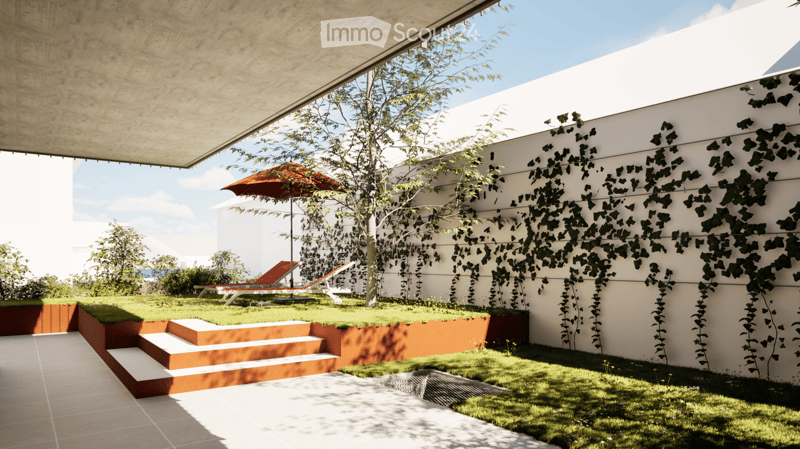 Modern outdoor space with a raised garden bed, steps, lounge chairs, umbrella, and climbing plants on a white wall.