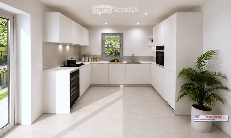 Modern, minimalist kitchen with white cabinets, stainless steel appliances, and a large window. Features include a central island, built-in oven, wine rack, and a potted plant near the window.