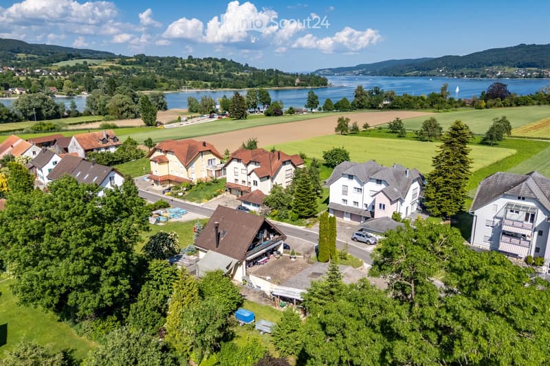 Aerial view of a residential area with multiple houses, surrounded by green fields, trees, and a lake in the background.