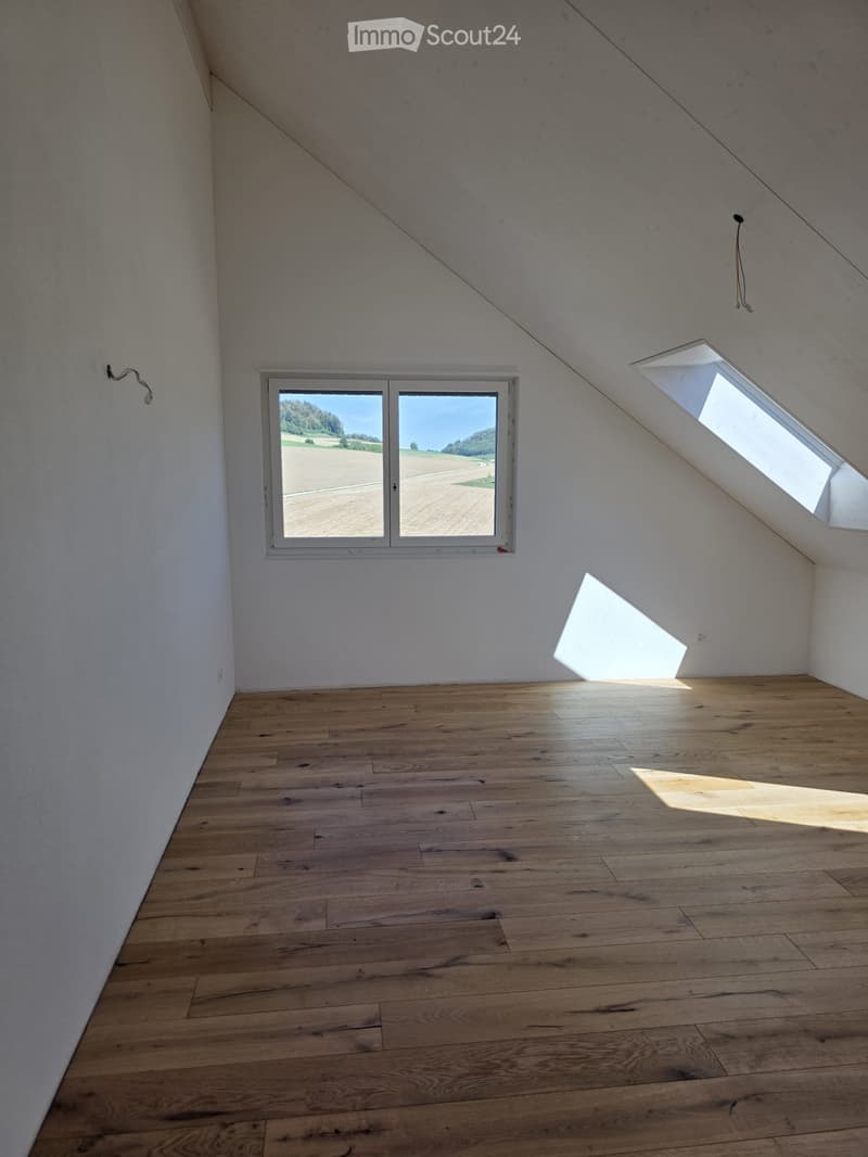Empty attic room with wooden flooring, white walls, large window, and skylight allowing natural light to enter.