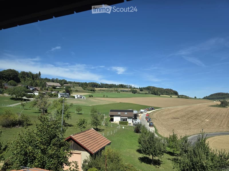 A scenic rural landscape with green fields, scattered houses, and a clear blue sky.