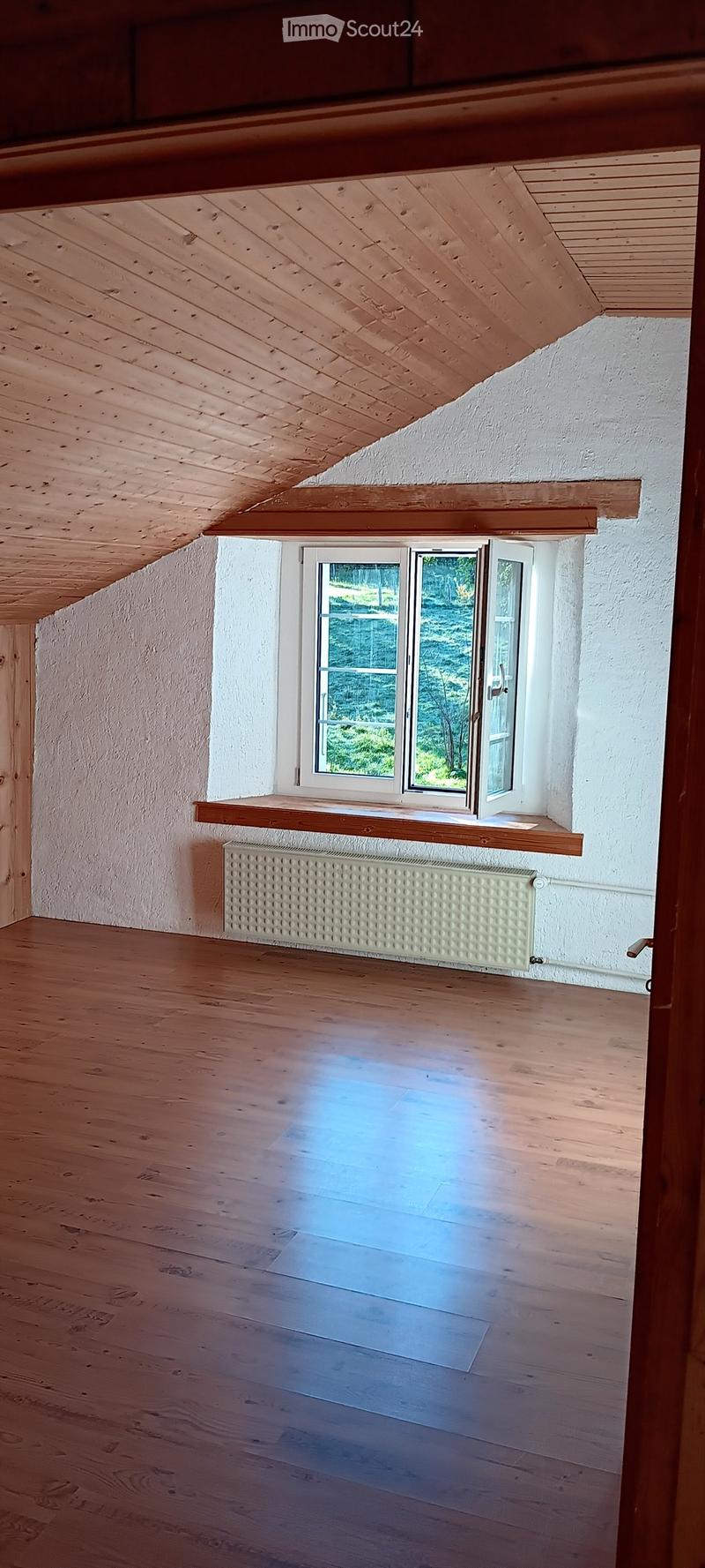 Empty room with wooden flooring, white walls, and a large window with a view of greenery. A radiator is mounted below the window, and the ceiling features exposed wooden beams.