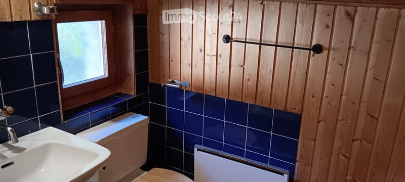 Bathroom with wooden walls, blue tiles, a sink, toilet, and a frosted window.