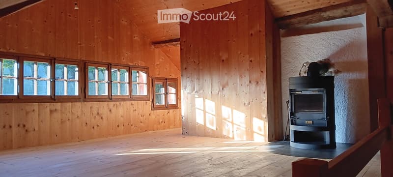 Empty room with wooden walls and floor, large windows, and a black wood-burning stove in the corner.
