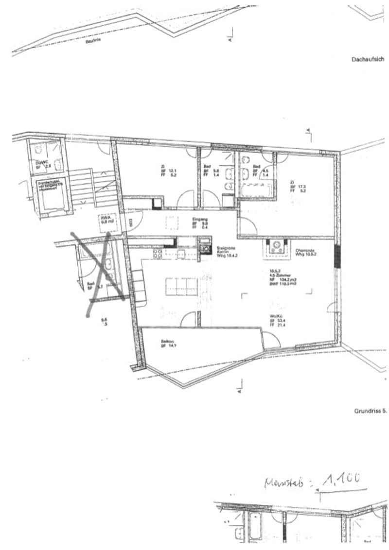 Floor plan of a multi-story building showing various rooms and spaces including living areas, bedrooms, bathrooms, and a balcony.