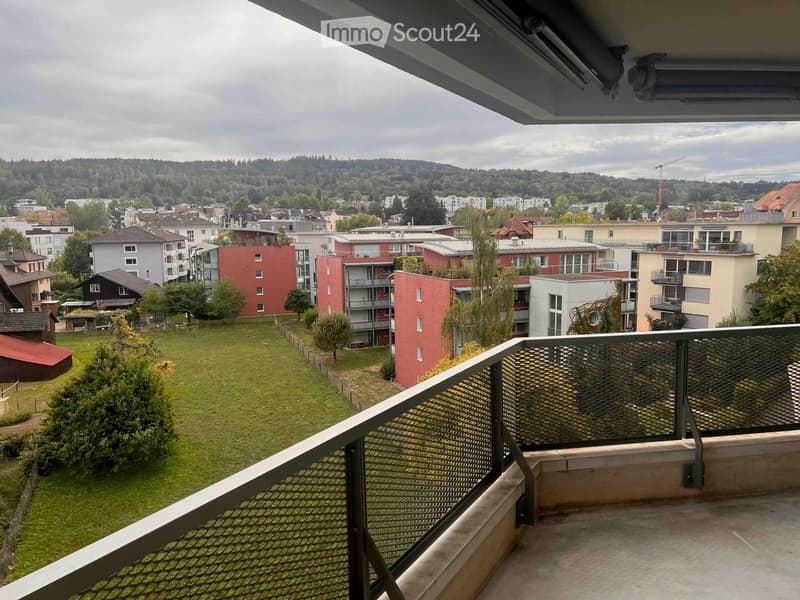 Balcony overlooking a residential area with buildings, green spaces, and distant hills under a cloudy sky.