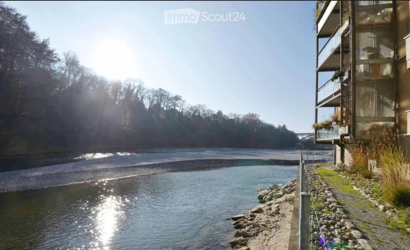 A serene riverside scene with a calm river, rocky riverbank, and a modern building with balconies overlooking the water.