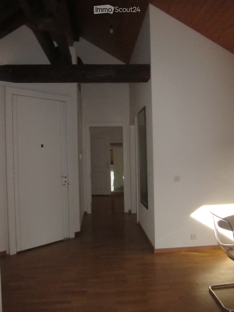 A narrow hallway with wooden flooring, white walls, and a slanted wooden ceiling. The hallway features a closed door on the left and an open doorway at the end leading to another room.