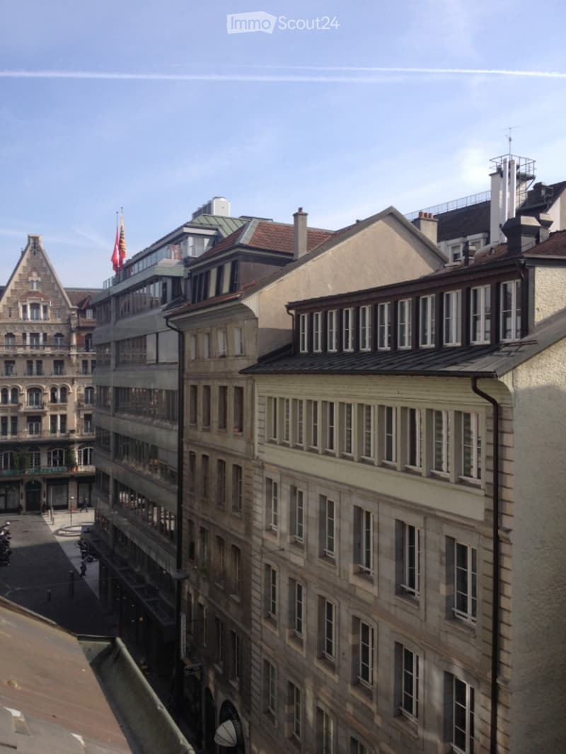 A view of a cityscape with multiple multi-story buildings, featuring classic architectural styles, chimneys, and a mix of flat and pitched roofs.