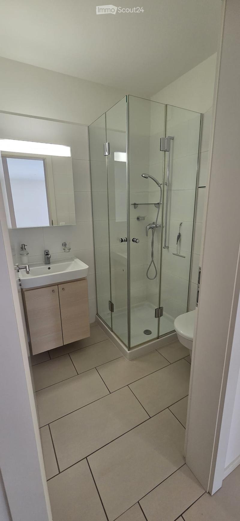 Modern bathroom with a glass-enclosed shower, a white sink with a mirror, and a toilet. The floor is tiled with beige tiles and black grout lines.
