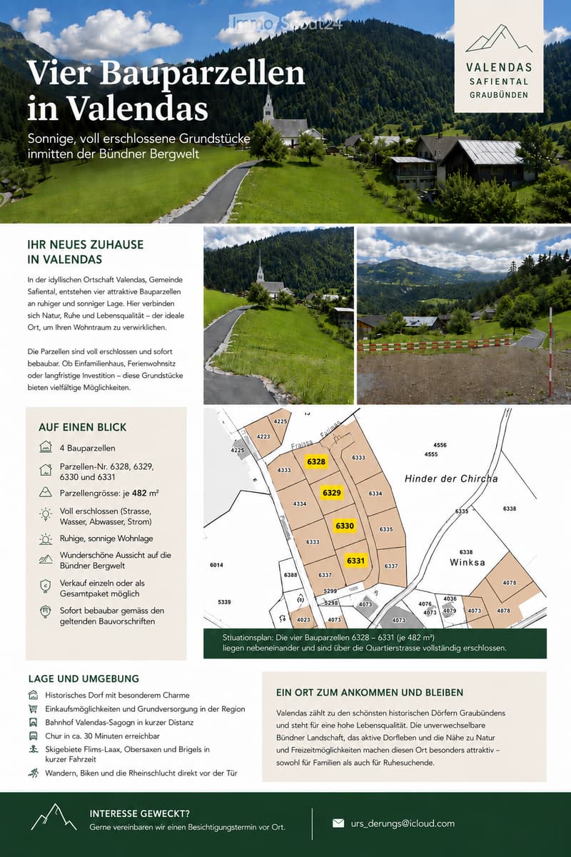 Real estate advertisement for four building plots in Valendas, Switzerland, featuring a scenic landscape, a map of the plots, and details about the location and amenities.