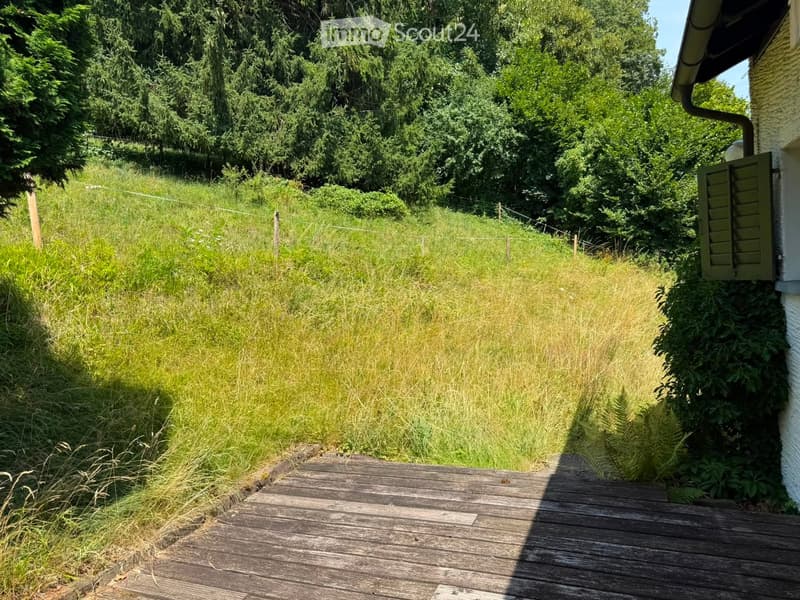 Wooden deck leading to a grassy area with tall grass and wild plants, surrounded by trees and a house with shutters.