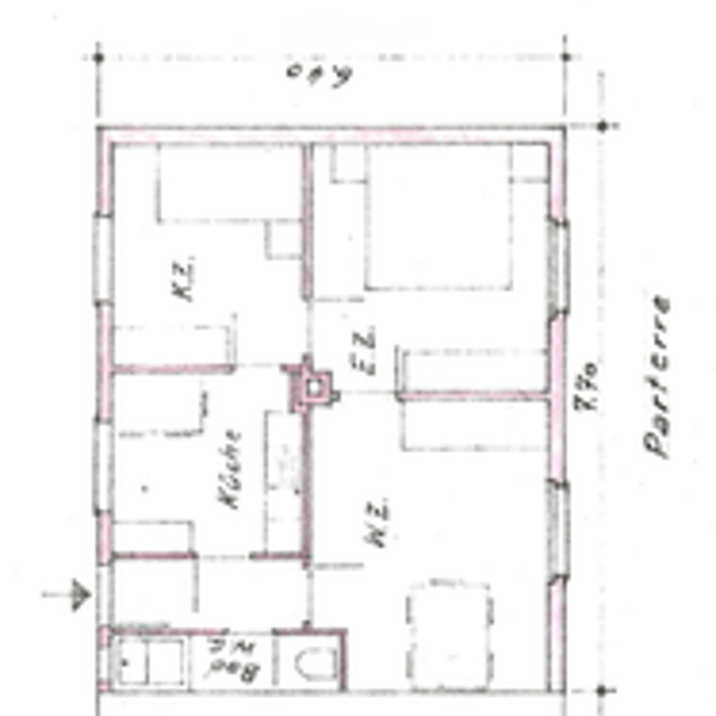 Floor plan showing a layout with labeled rooms: living room, kitchen, bedrooms, and bathrooms.